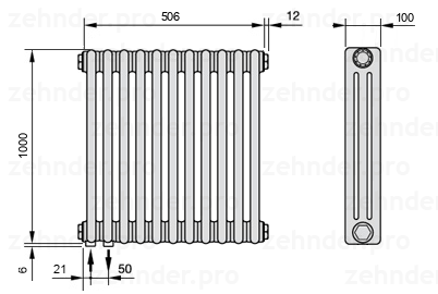 Схема (чертеж) Радиатор Zehnder Charleston 3100/11 №3370 Белый глянцевый RAL 9016